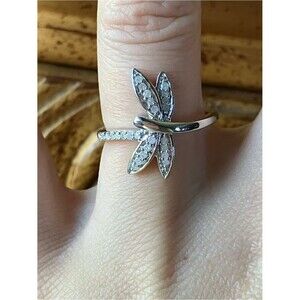 Natural White Diamond Sterling Silver Dragonfly Ring Size 6.75